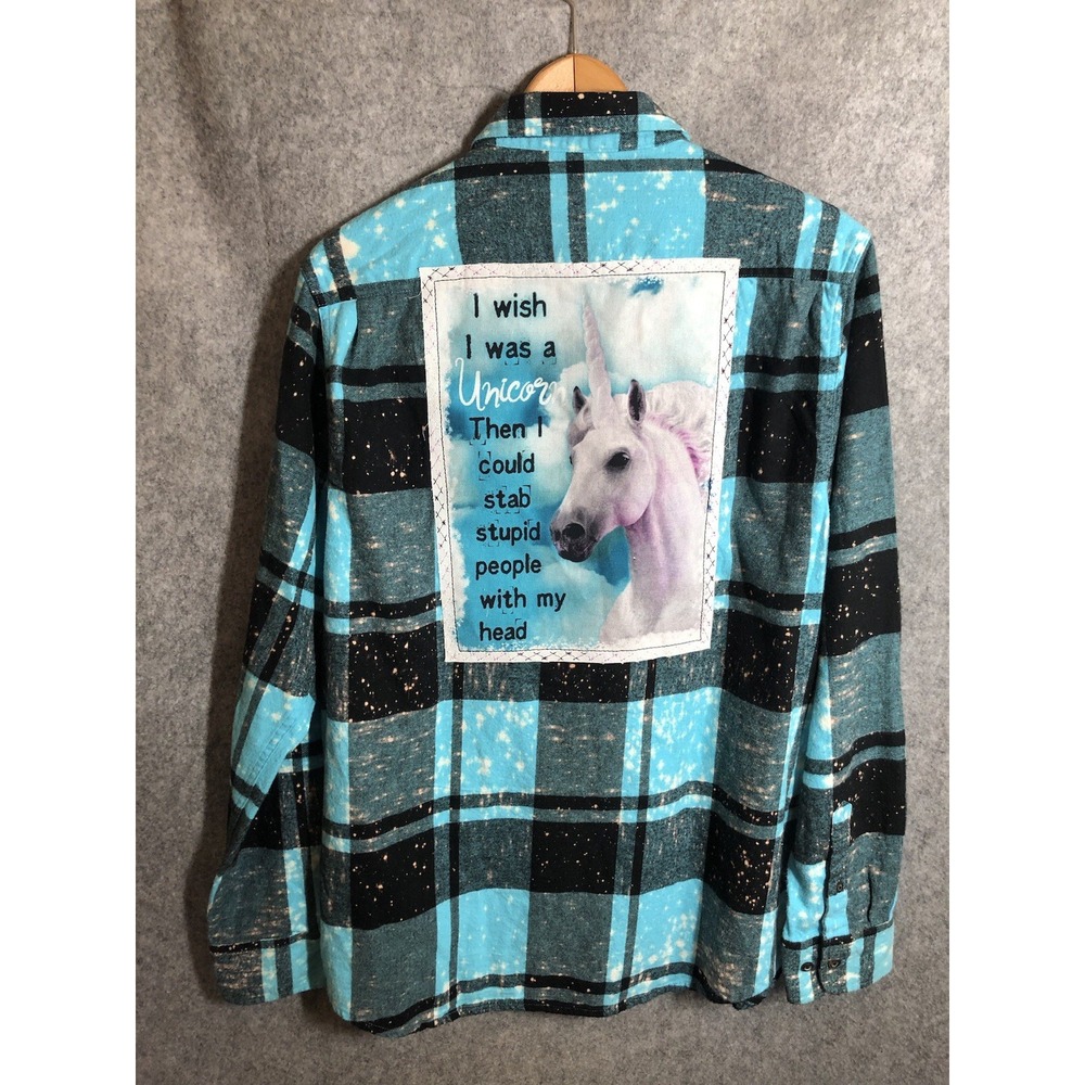 Angry Minnow Shirt Mens Large Blue Check Flannel Unicorn Stab People Graphic - Picture 2 of 7